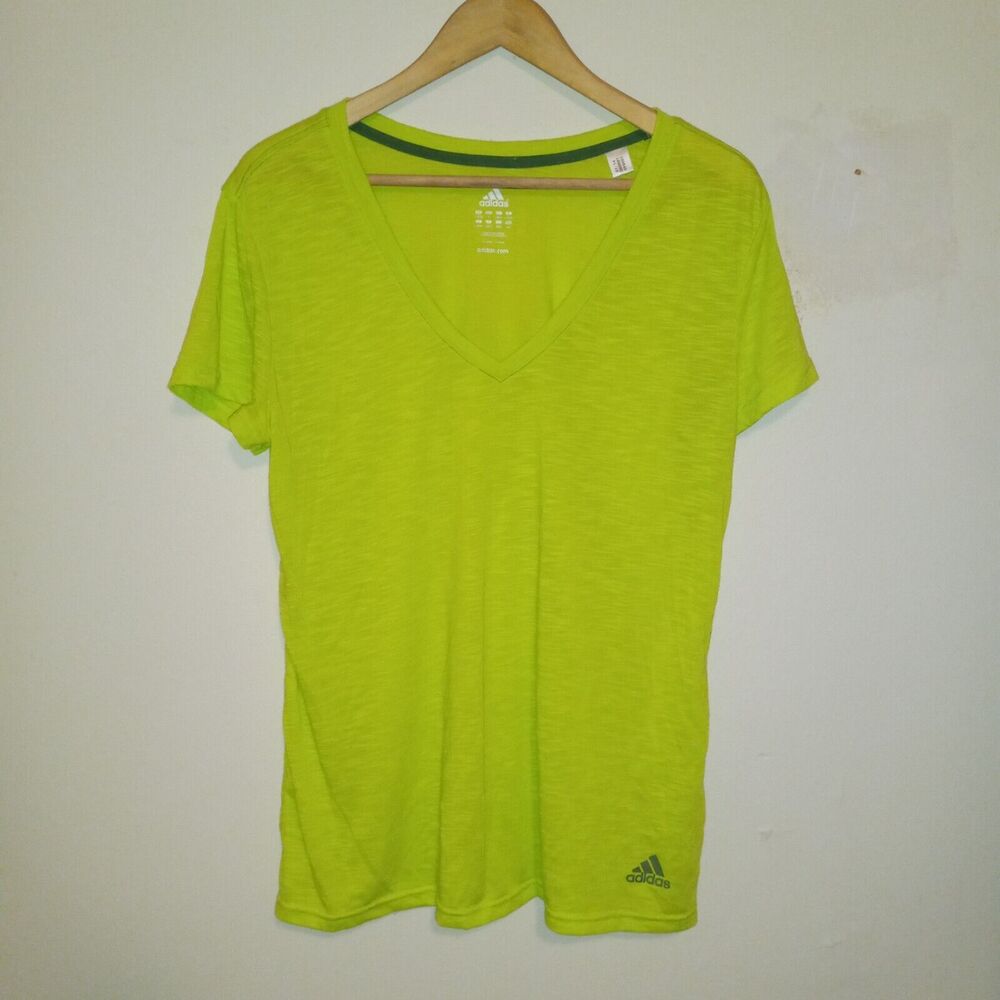 Adidas Large V-Neck Climalite Performance Shirt-Neon Green-Moisture Wicking